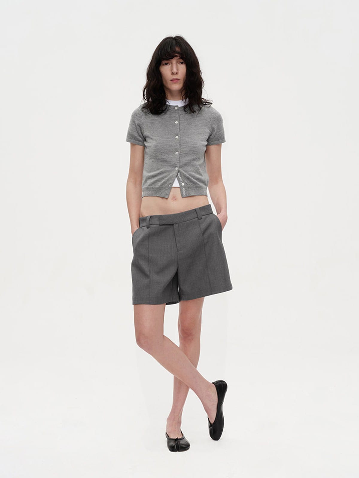 RARELY ALIKE Pure Wool Short Sleeve Cardigan in Gray - On Female Model