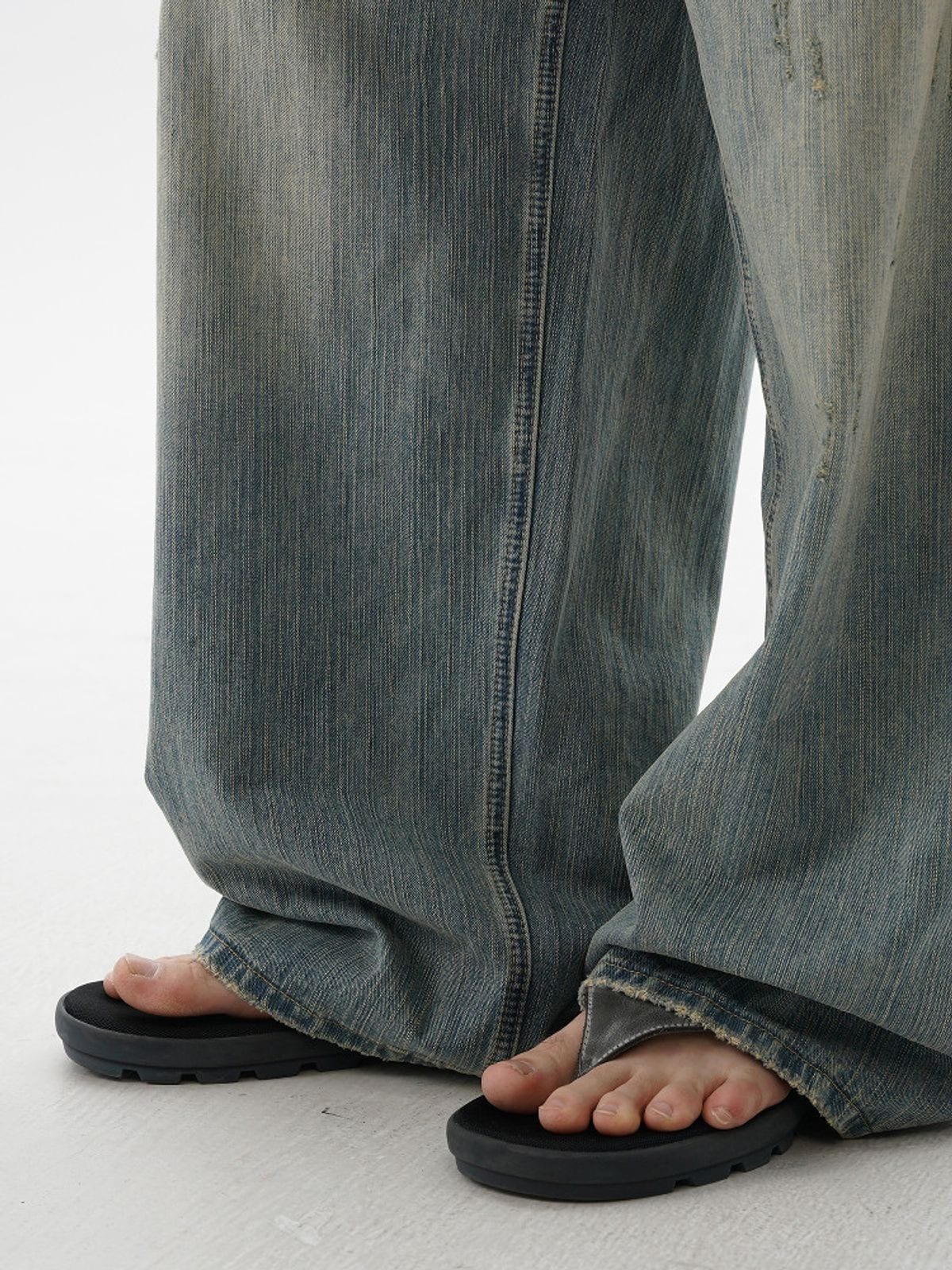 MASONPRINCE Frayed Hem Slub Denim Pants in Light Blue - On Model