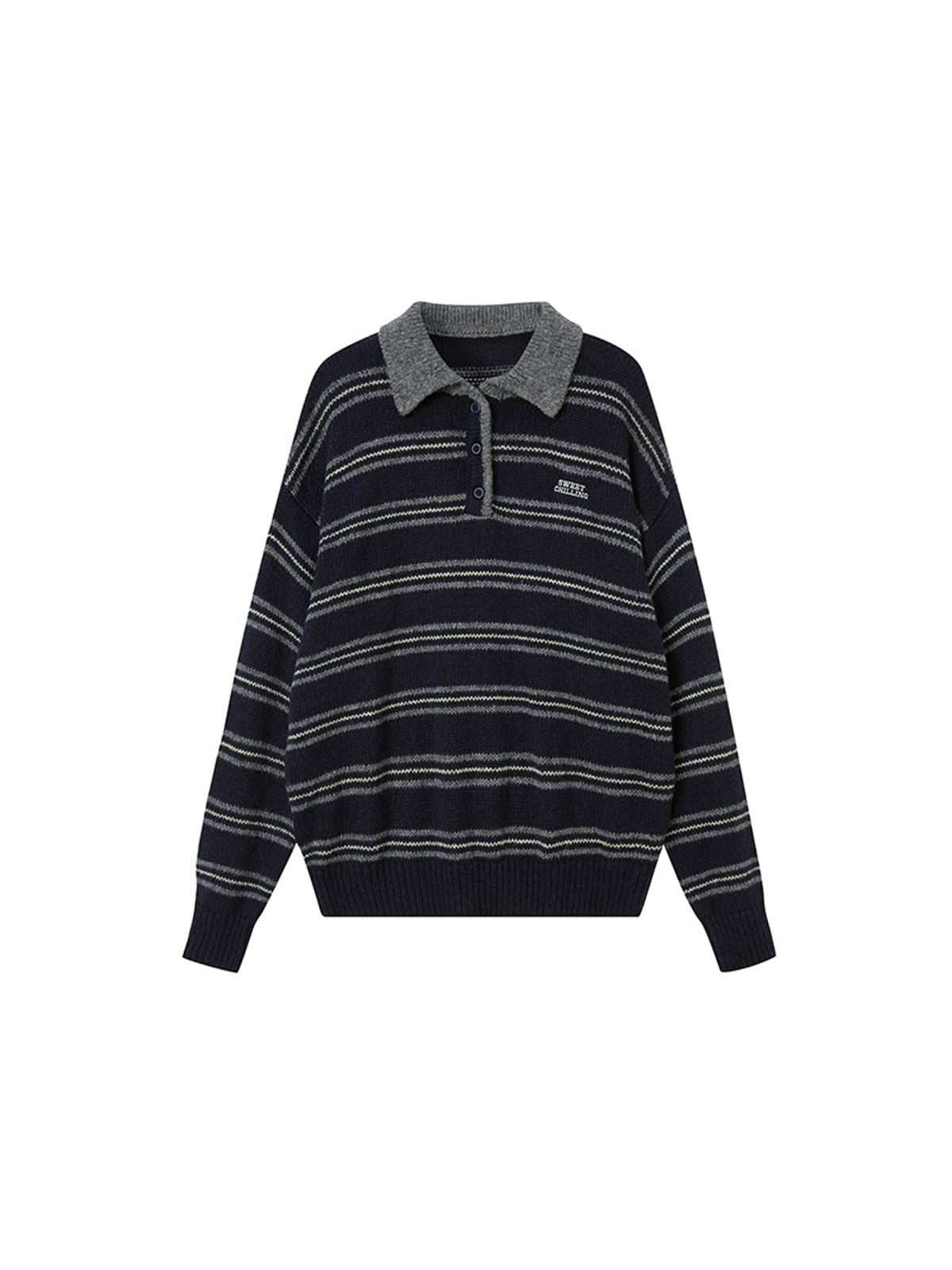 SweetChilling Striped Lambswool Blend Polo Sweater in Navy Blue