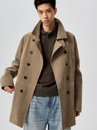 SIMPLE PROJECT Faux Suede Double Breasted Peacoat in Beige - On Male Model