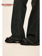 BeerBro Low Rise Raw Hem Micro Flare Jeans in Navy Blue - On Model