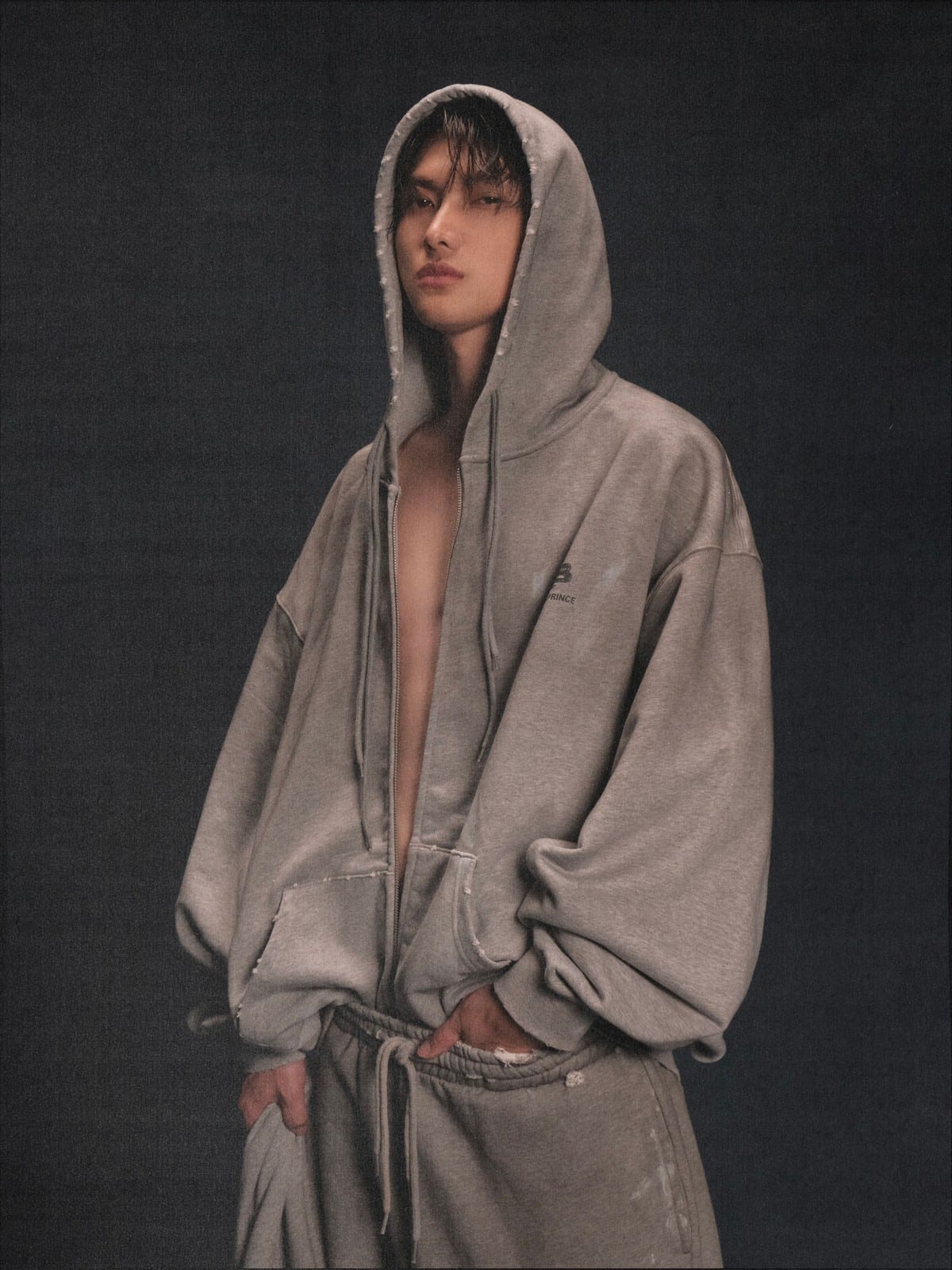 MASONPRINCE Distressed Painted Zip Up Hoodie in Gray - On Male Model