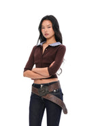 SweetChilling Gingham Collar Cropped Knit Cardigan in Brown - On Female Model