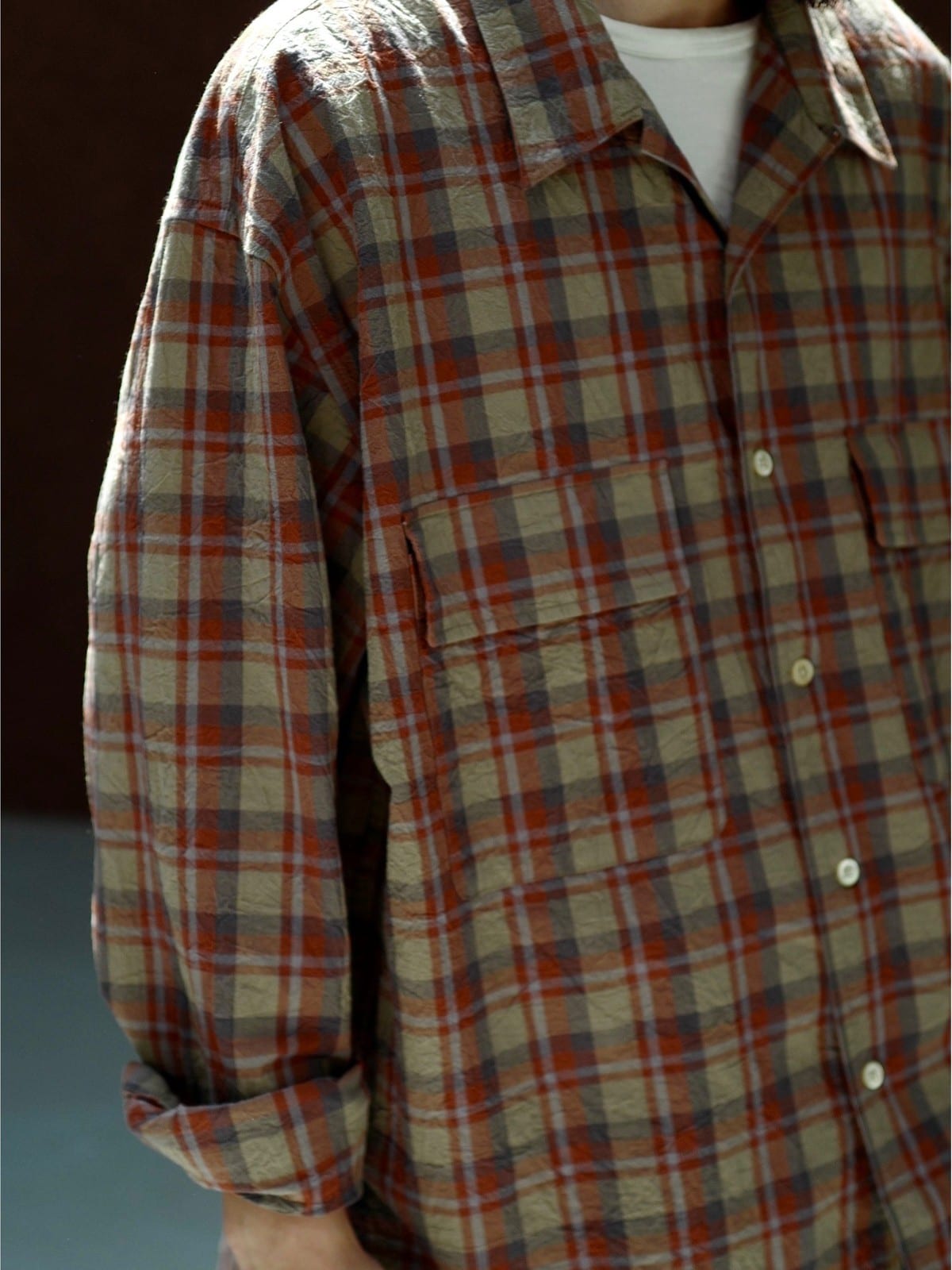 USAGE Washed Crinkle Plaid Open Collar Shirt in Orange - On Male Model