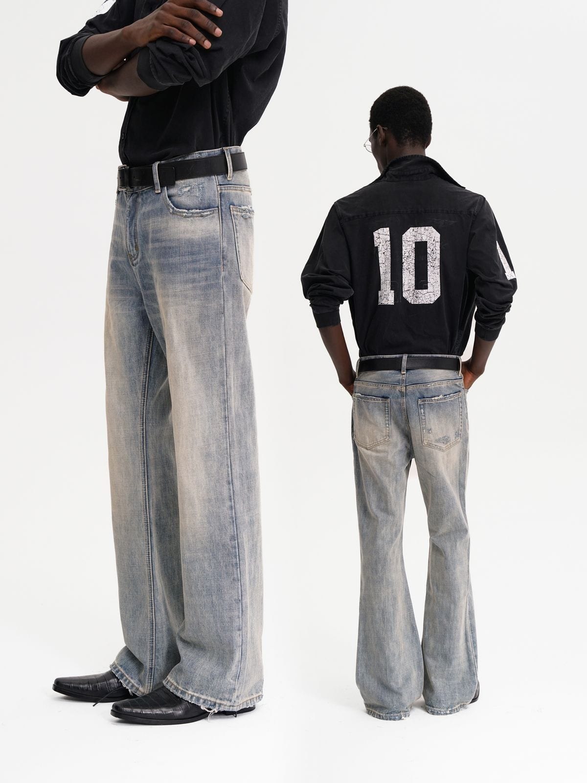 MASONPRINCE Faded Slub Flared Jeans in Denim - On Male Model