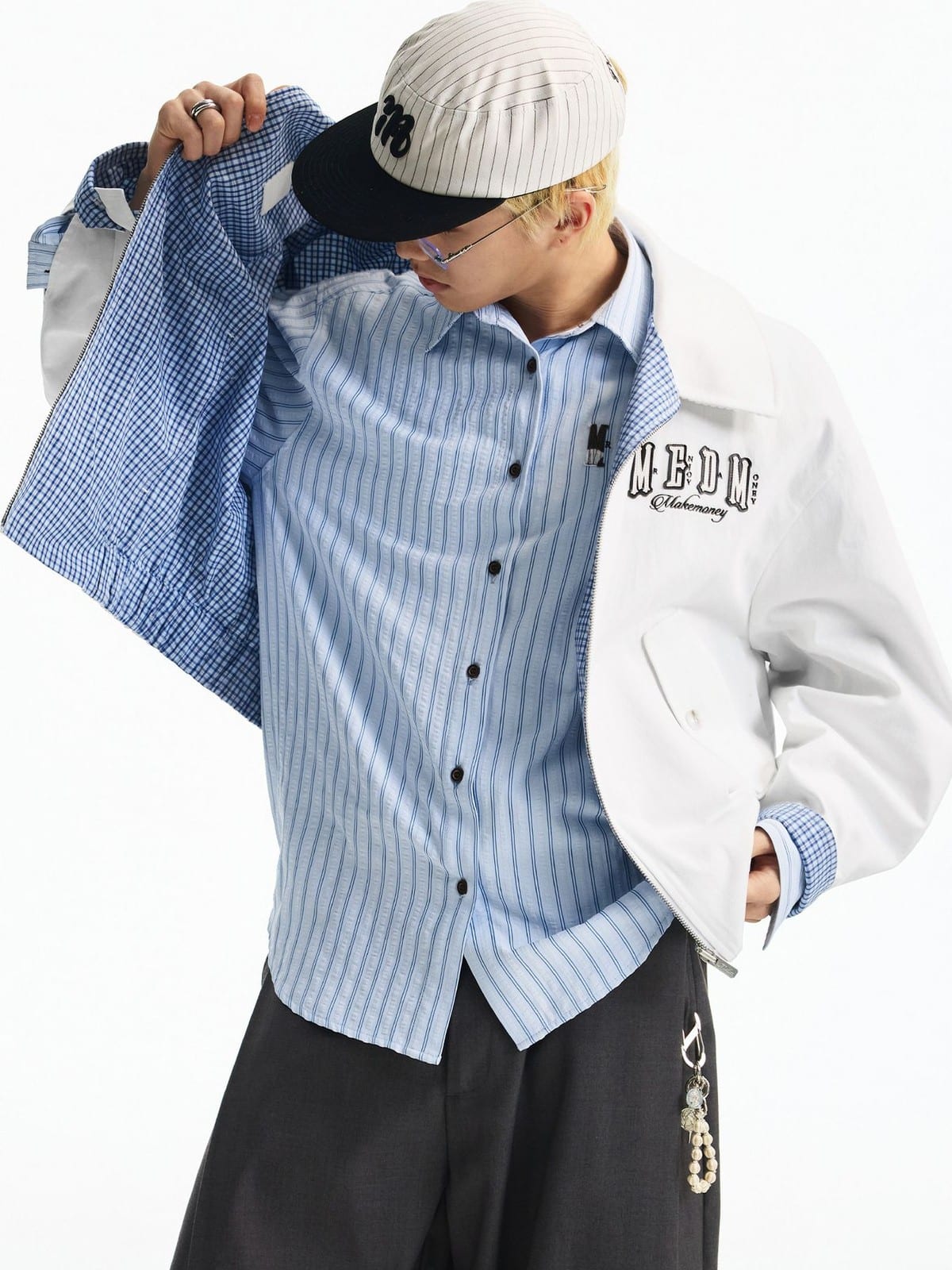 MEDM Reversible Cotton Zip Up Barn Jacket in White - On Male Model