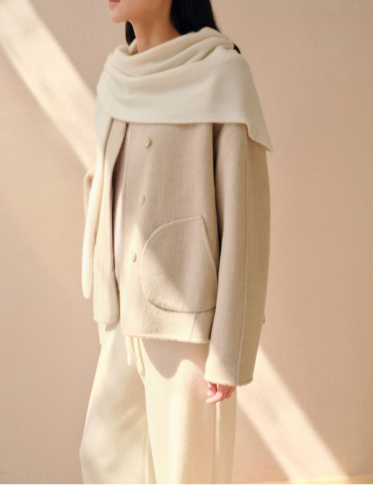 TEASEL Wool Blend Stand Collar Short Coat in Oatmeal - On Female Model