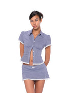 SweetChilling Gingham Lace Trim Button Down Shirt in Navy Blue - On Female Model
