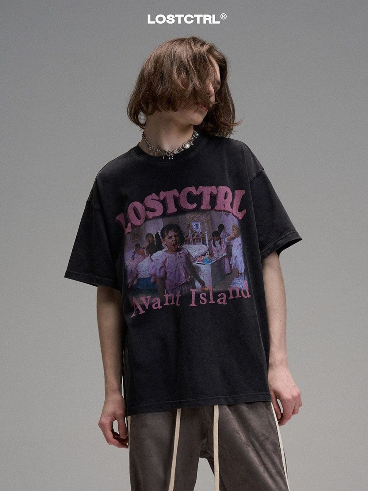 LOSTCTRL Washed Heavyweight Cotton Graphic T Shirt in Black - On Male Model