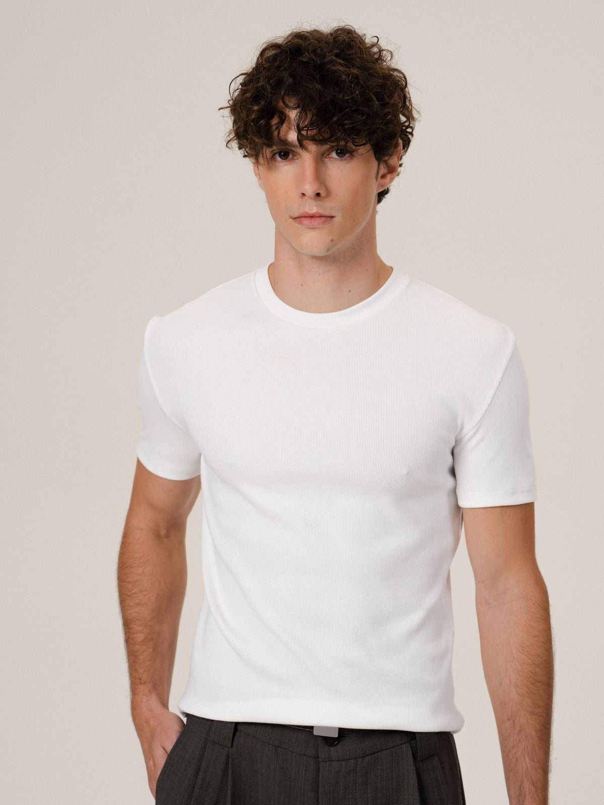 Retro 21 Ribbed Cotton Crew Neck T Shirt in White - On Male Model