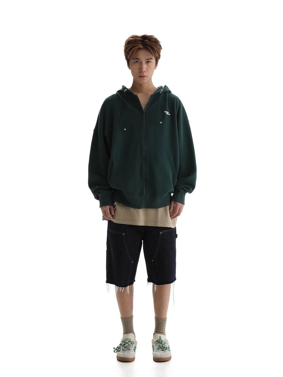 MASONPRINCE Cotton Blend Zip Up Hoodie in Green - On Male Model