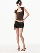 RARELY ALIKE Modal Mock Two Piece T Shirt in Brown - On Female Model