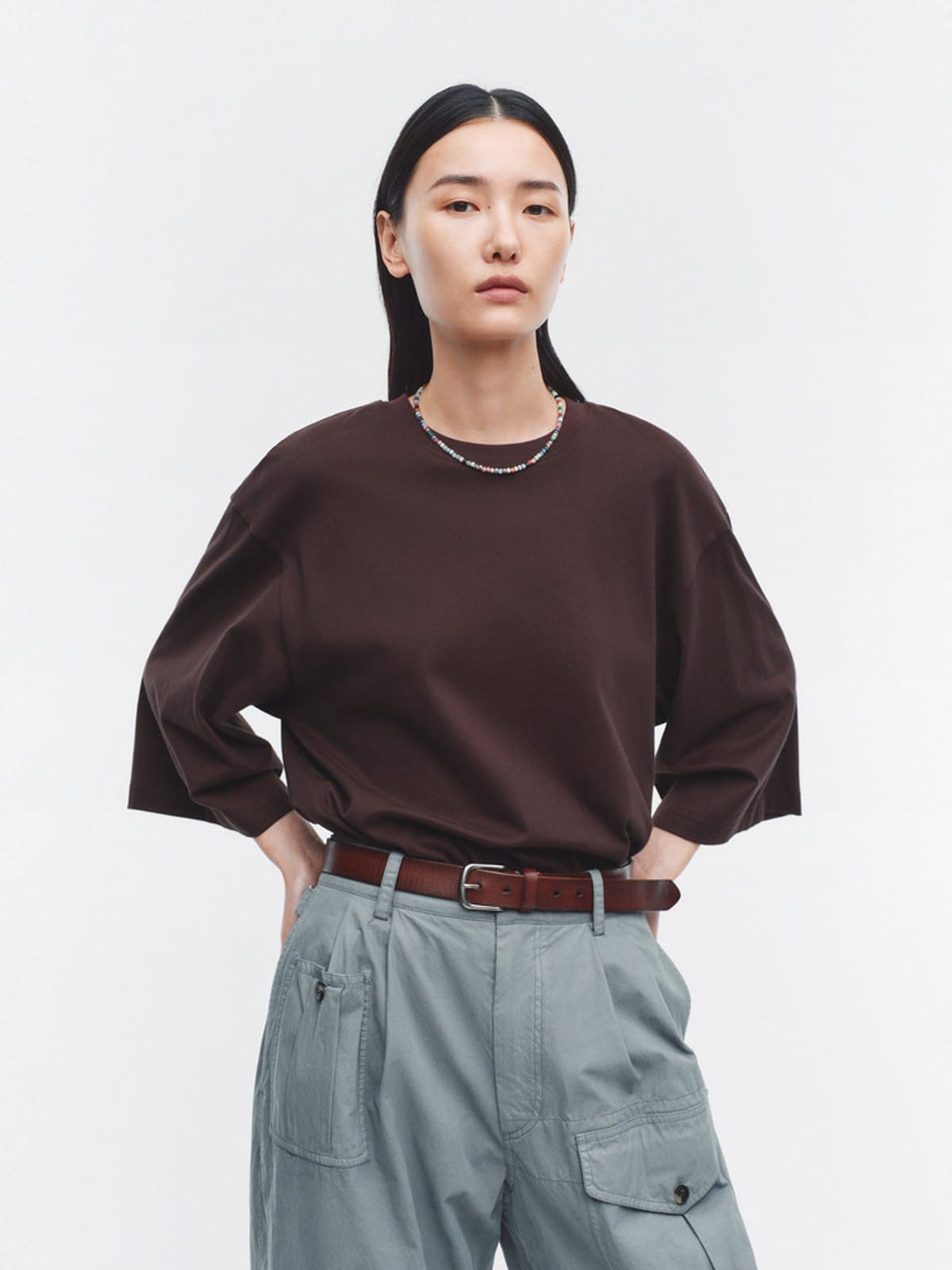 EDITION Cotton Half Sleeve T Shirt with Beaded Neckline in Burgundy - On Female Model