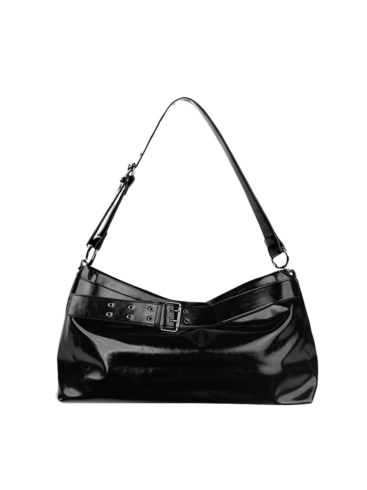 JANDRESS Belted Oiled Wax Leather Shoulder Bag in Black