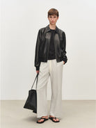 MSBEAST Top Grain Sheepskin Collared Bomber in Black - On Female Model
