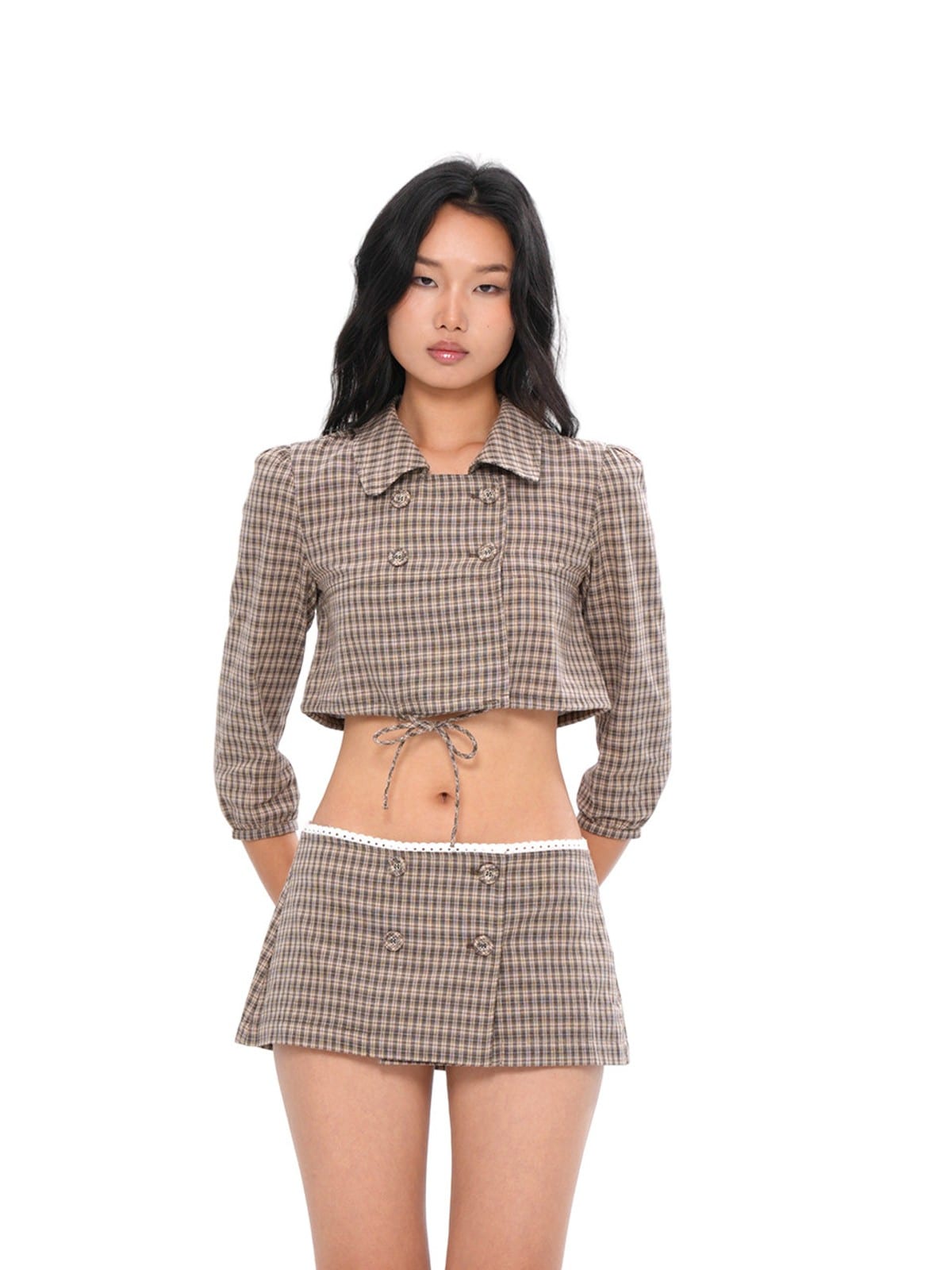 SweetChilling Plaid Lace Trim Double Breasted Shorts in Brown - On Female Model