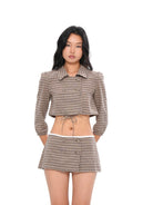 SweetChilling Plaid Lace Trim Double Breasted Shorts in Brown - On Female Model
