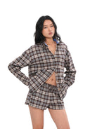 SweetChilling Cotton Plaid Drawstring Shorts in Brown - On Female Model