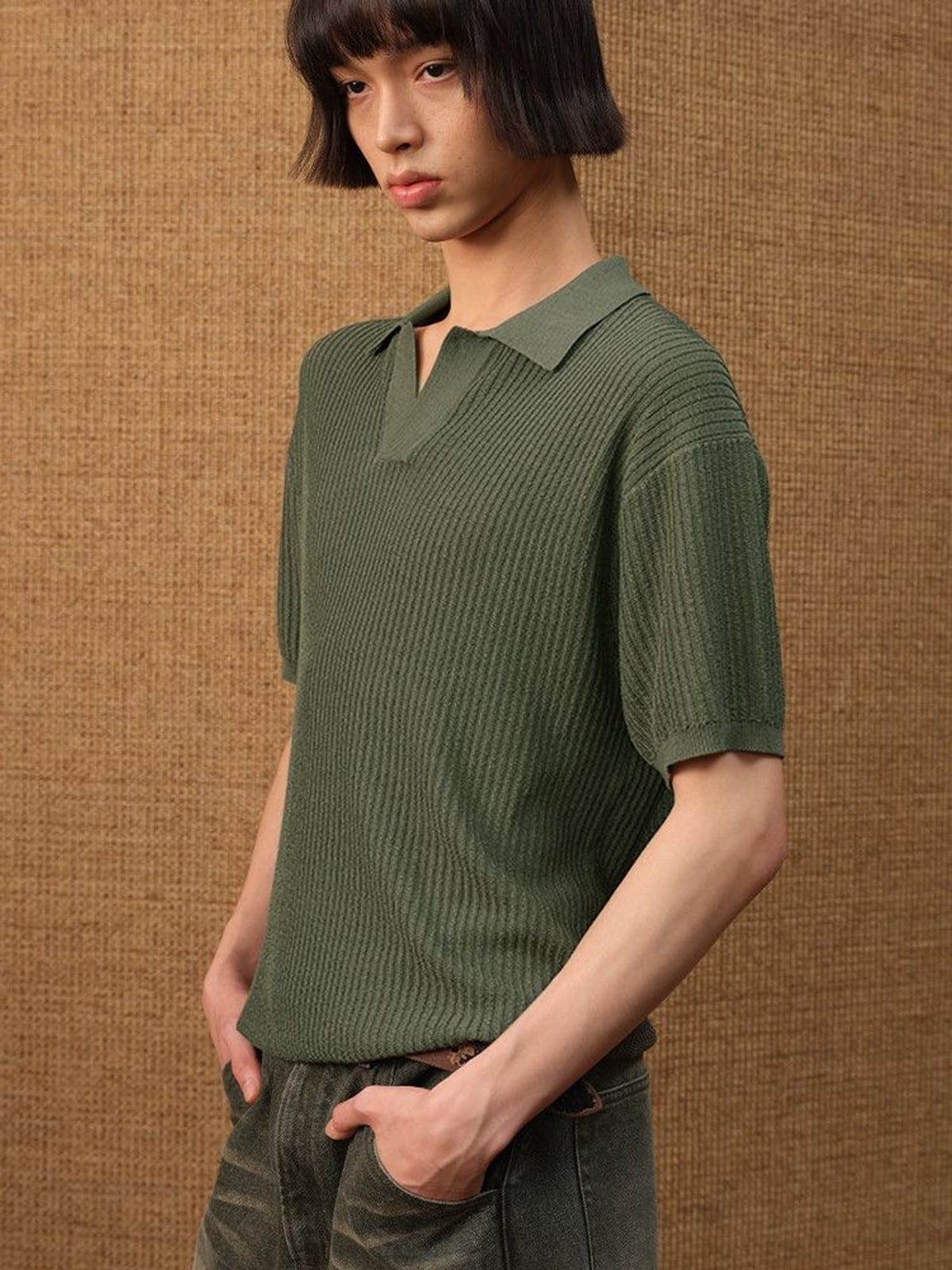JCAESAR STUDIO Ribbed Ice Silk Knit Polo in Olive - On Male Model