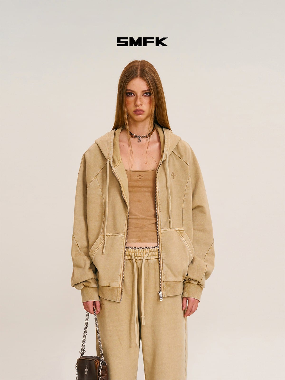 SMFK Washed Cotton Zip Up Hoodie in Beige - On Female Model