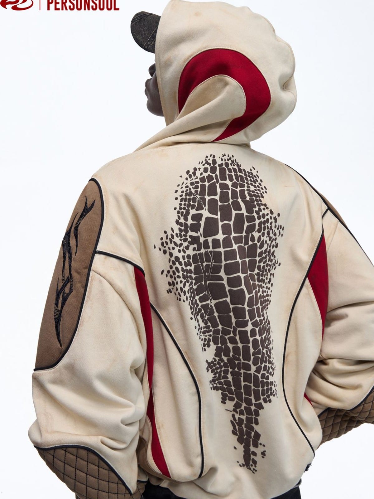PERSONSOUL Colorblock Embroidered Racing Hoodie in Brown - On Model