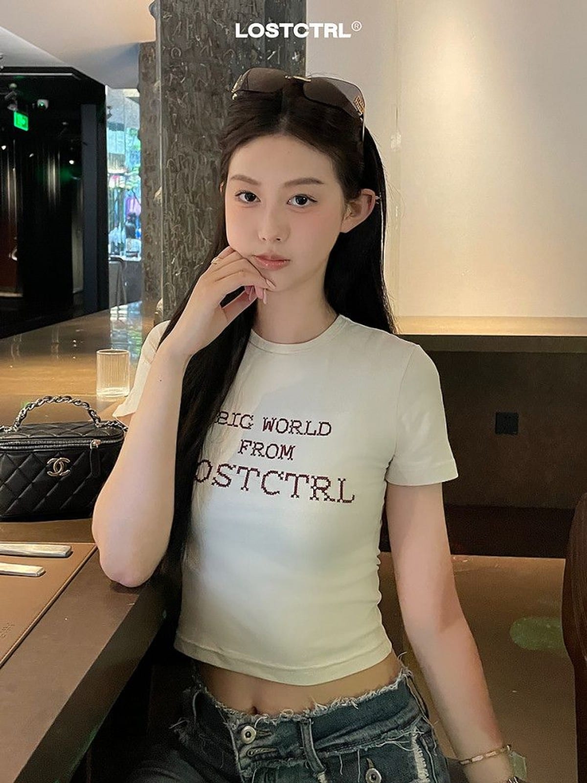 LOSTCTRL Heavyweight Embroidered Cropped T Shirt in Cream - On Female Model