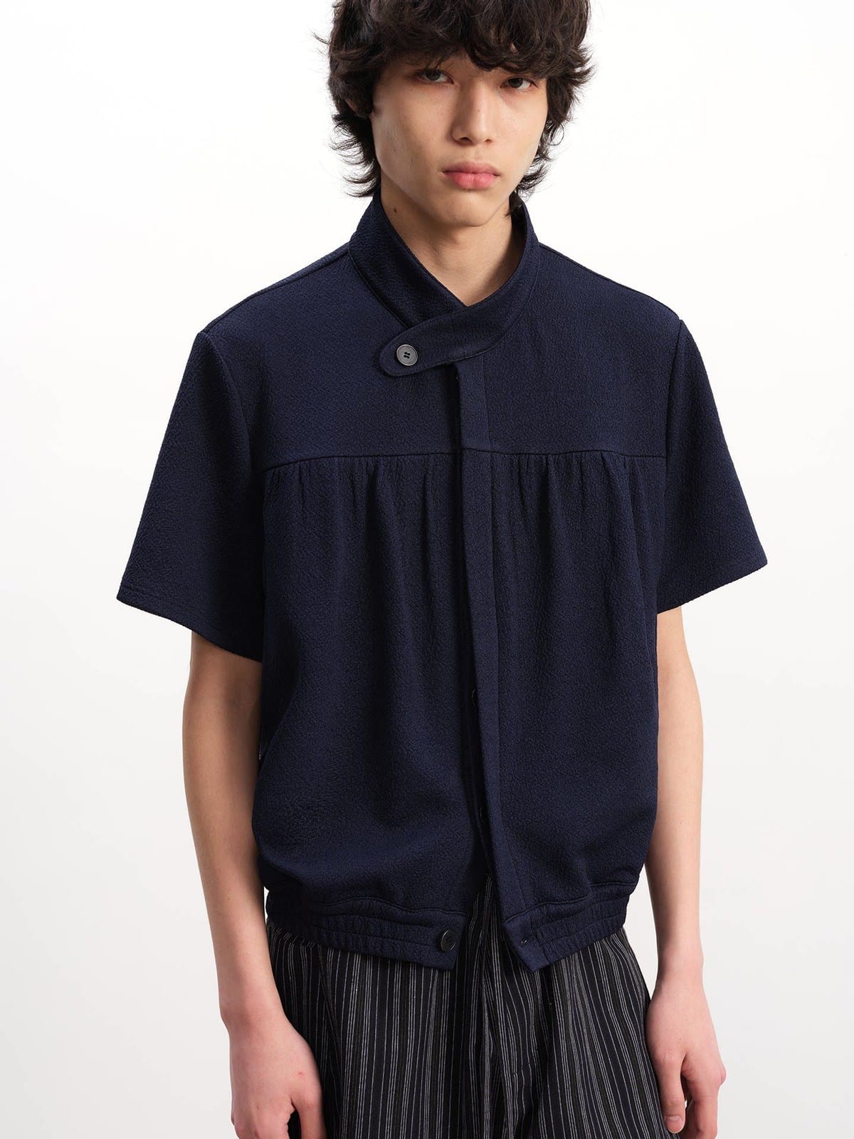 JCAESAR STUDIO Ruched Jacquard Stand Collar Shirt in Navy - On Male Model