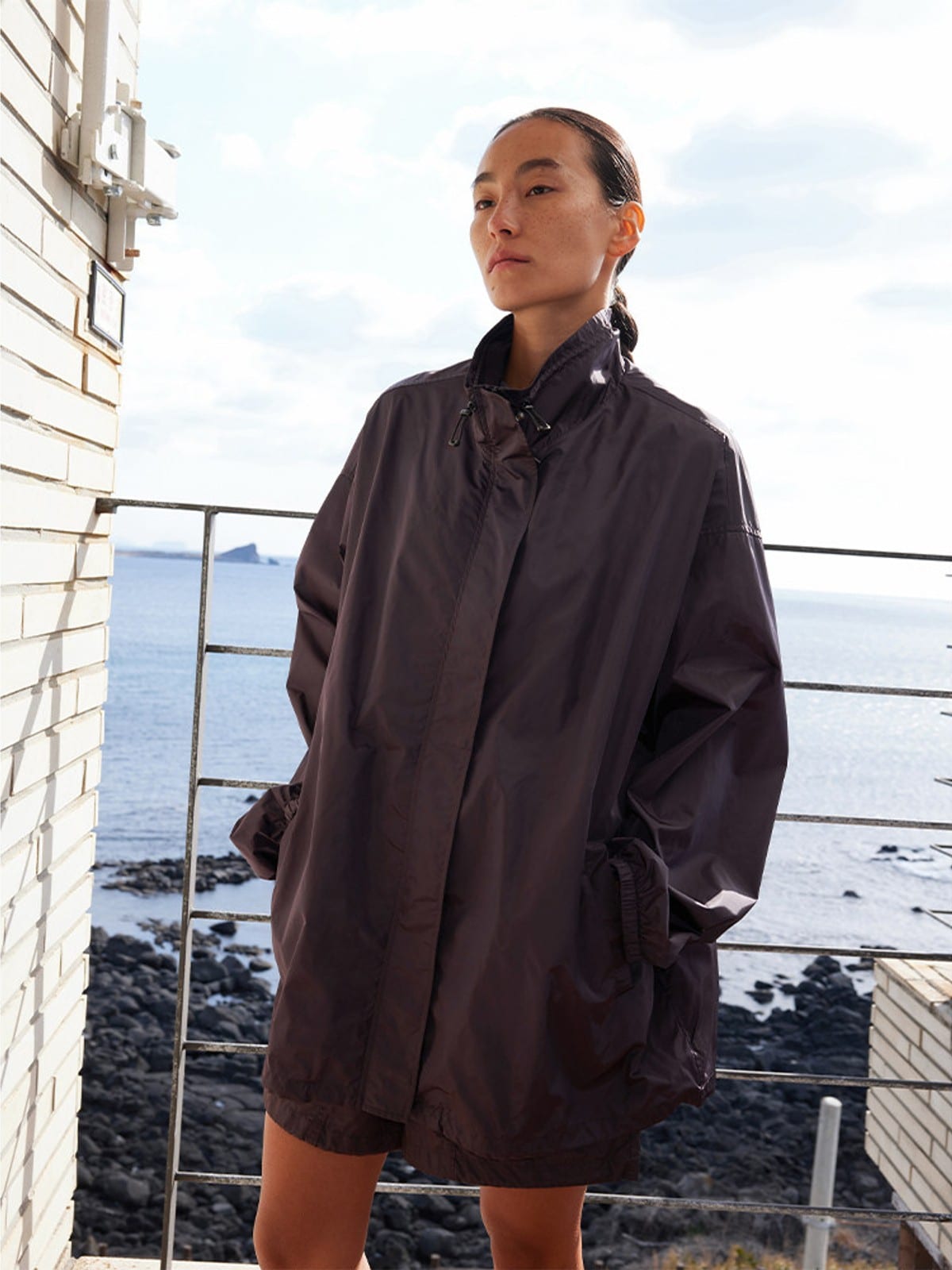 Random Piece Stand Collar Polyamide Windbreaker in Brown - On Female Model