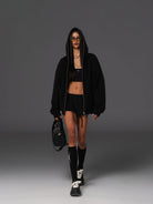 SMFK Cotton Wool Oversized Zip Up Hoodie in Black - On Female Model