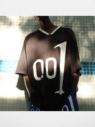 TRIANGLE PROJECT 001 Graphic V Neck Jersey Tee in Black - On Male Model