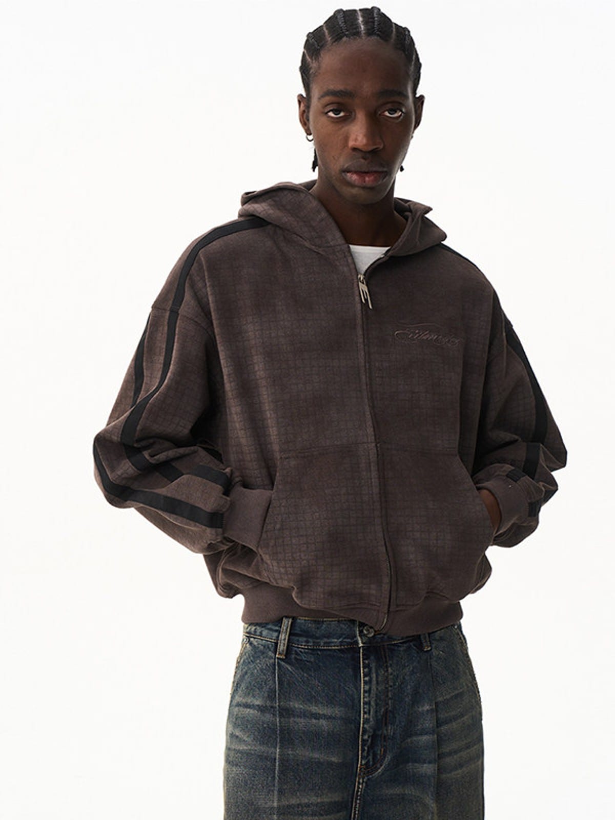 BLINDNOPLAN Distressed Embroidered Zip Up Hoodie in Brown - On Male Model