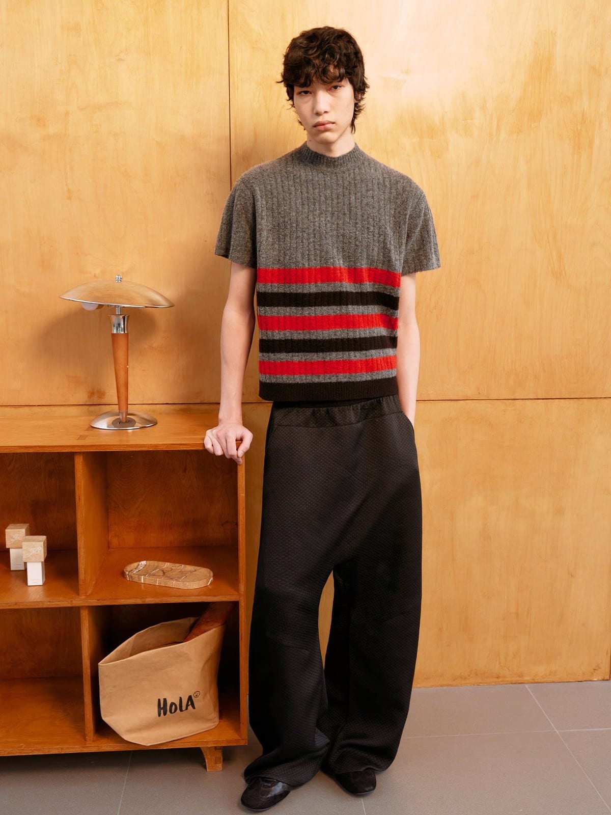 JCAESAR STUDIO Block Striped Brushed Knit T Shirt in Gray - On Male Model