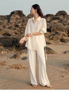 TEASEL Silk Blend Sheer Resort Shirt in White - On Female Model