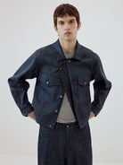 SIMPLE PROJECT Ramie Blend Raw Denim Field Jacket in Blue - On Male Model