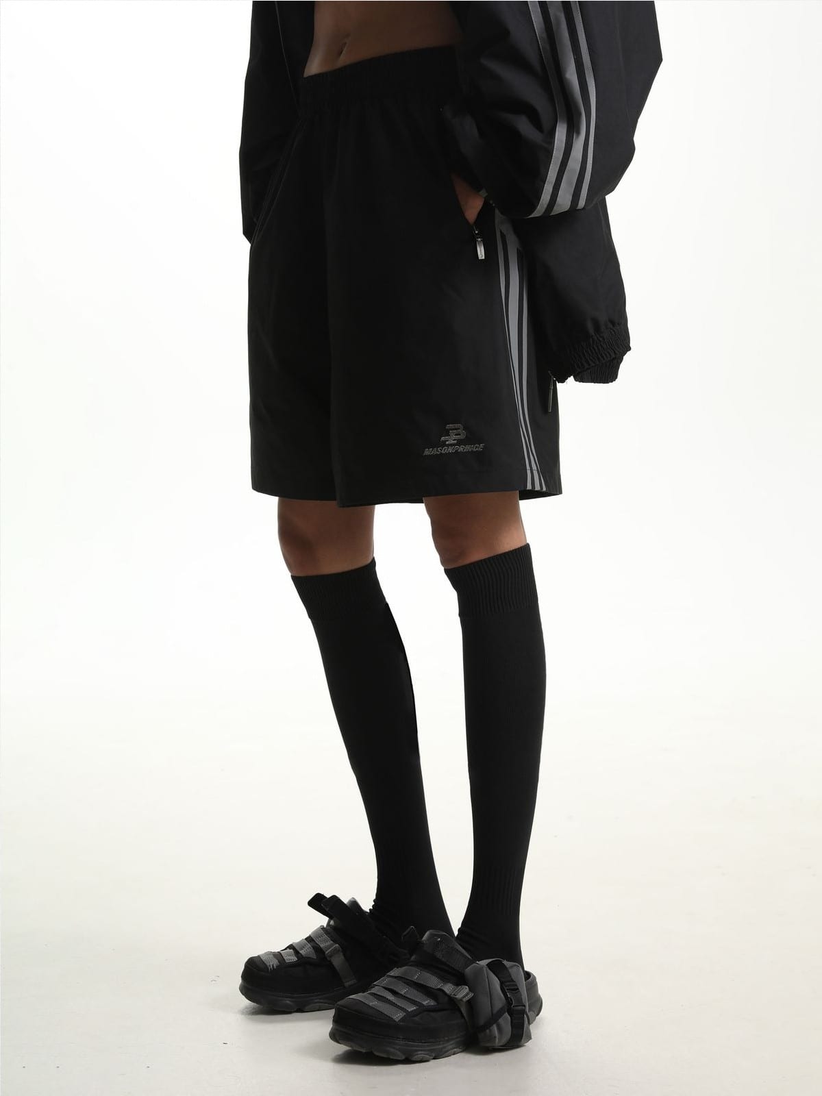 MASONPRINCE Striped Cotton Blend Track Shorts in Black - On Model