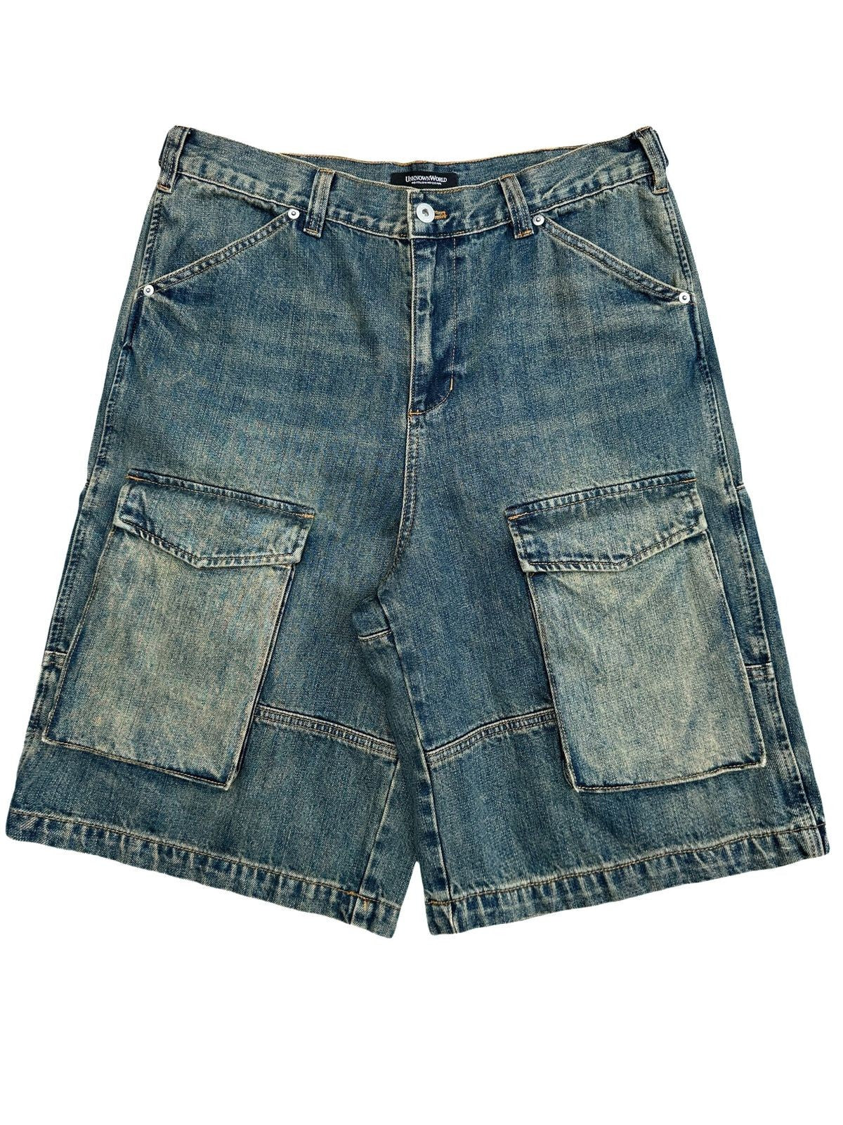 UNKNOWNWORLD Mud Dyed Multi Pocket Denim Shorts in Blue