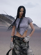 PERSONSOUL Deconstructed V Hem Crop T Shirt in Gray - On Female Model
