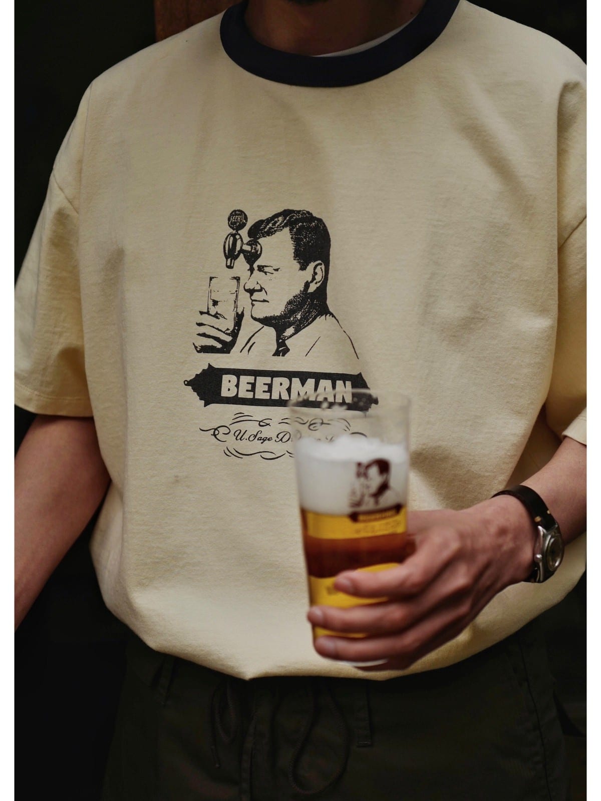USAGE Graphic Cotton Ringer T Shirt in Cream - On Male Model