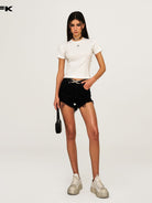 SMFK Embroidered Cross Stretch Cotton T Shirt in White - On Female Model