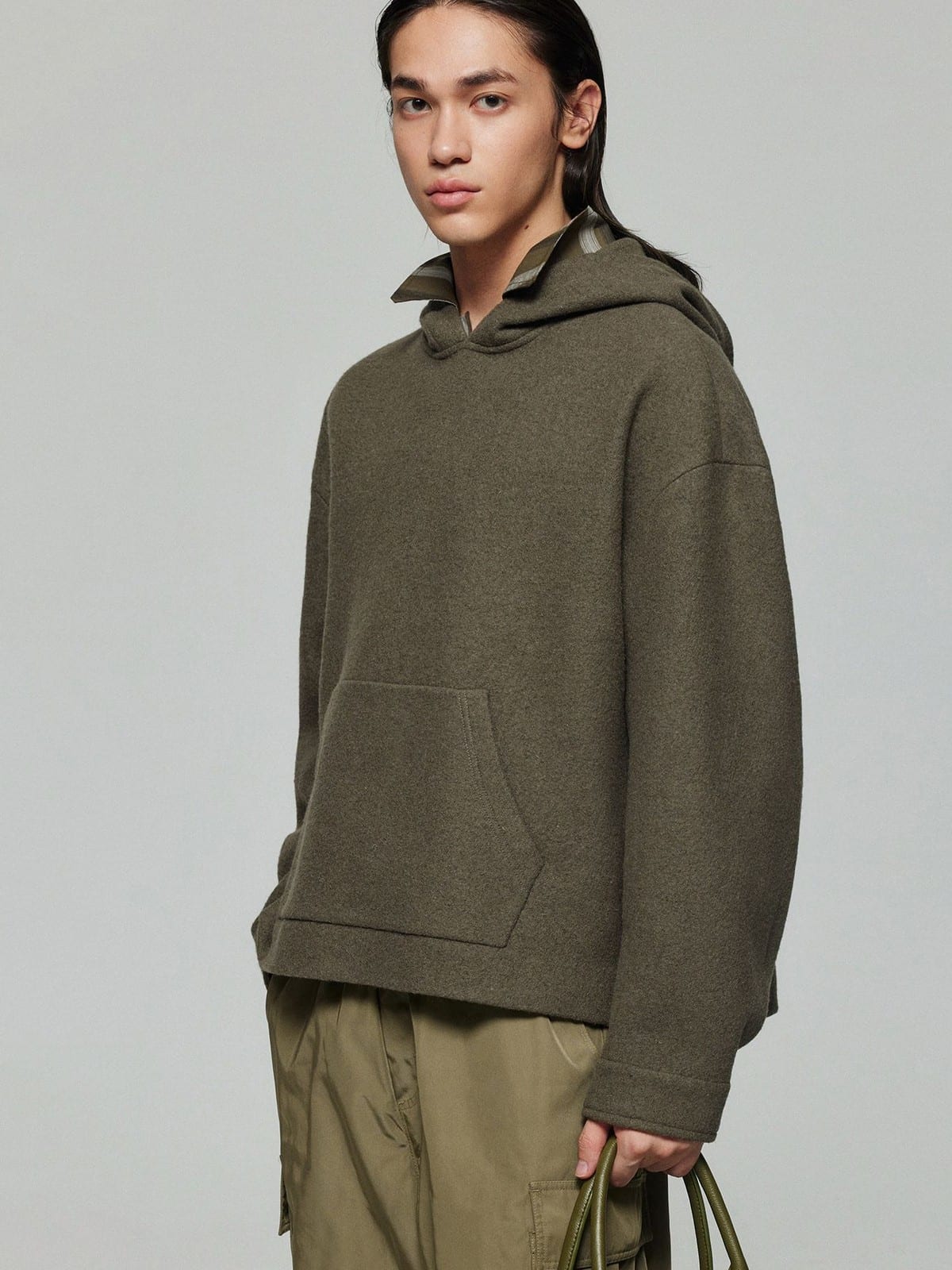 SIMPLE PROJECT Pure Wool Pullover Hoodie in Khaki - On Male Model