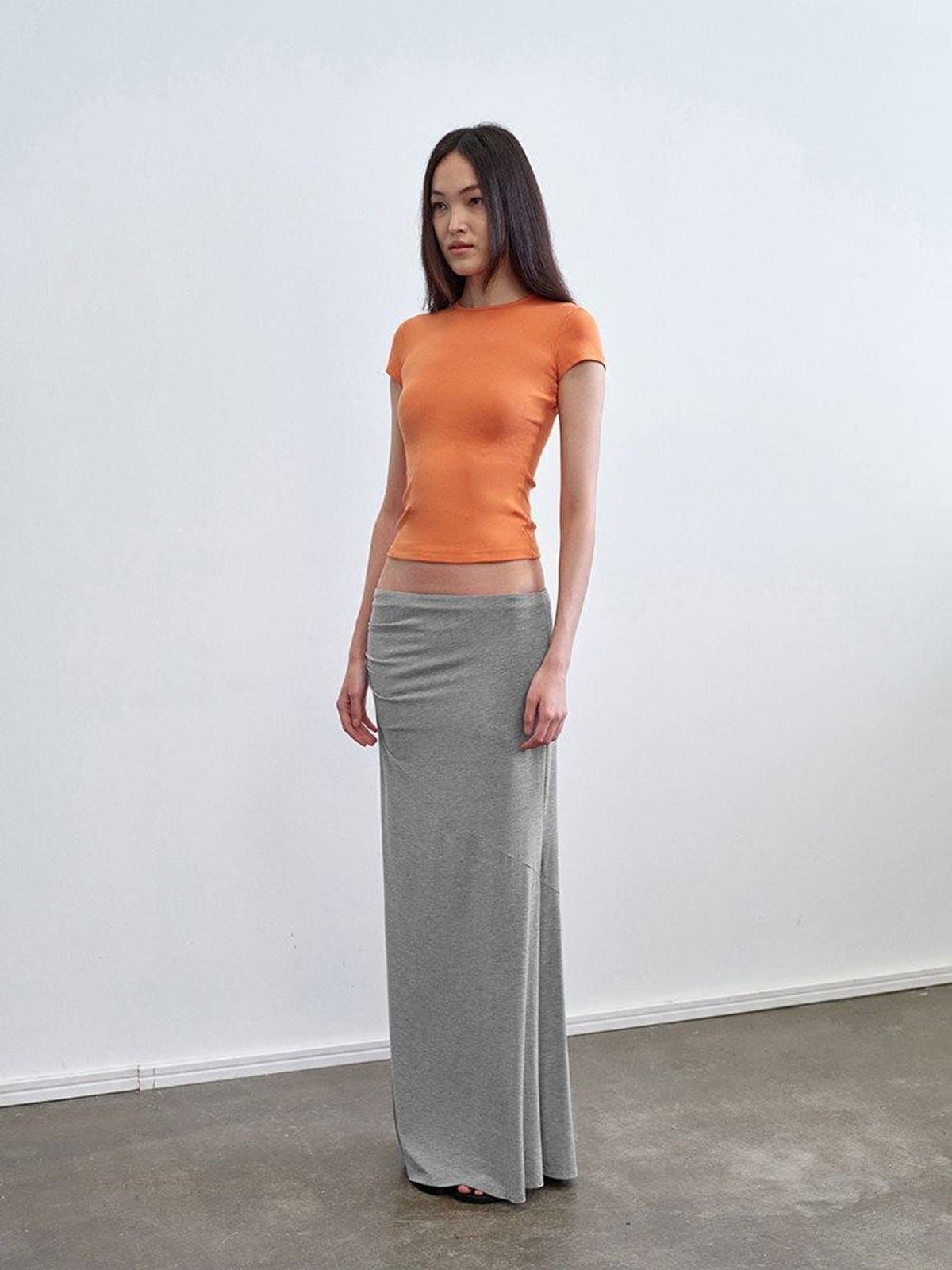 RARELY ALIKE Cotton Blend Crew Neck T Shirt in Orange - On Female Model