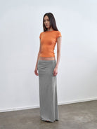 RARELY ALIKE Cotton Blend Crew Neck T Shirt in Orange - On Female Model
