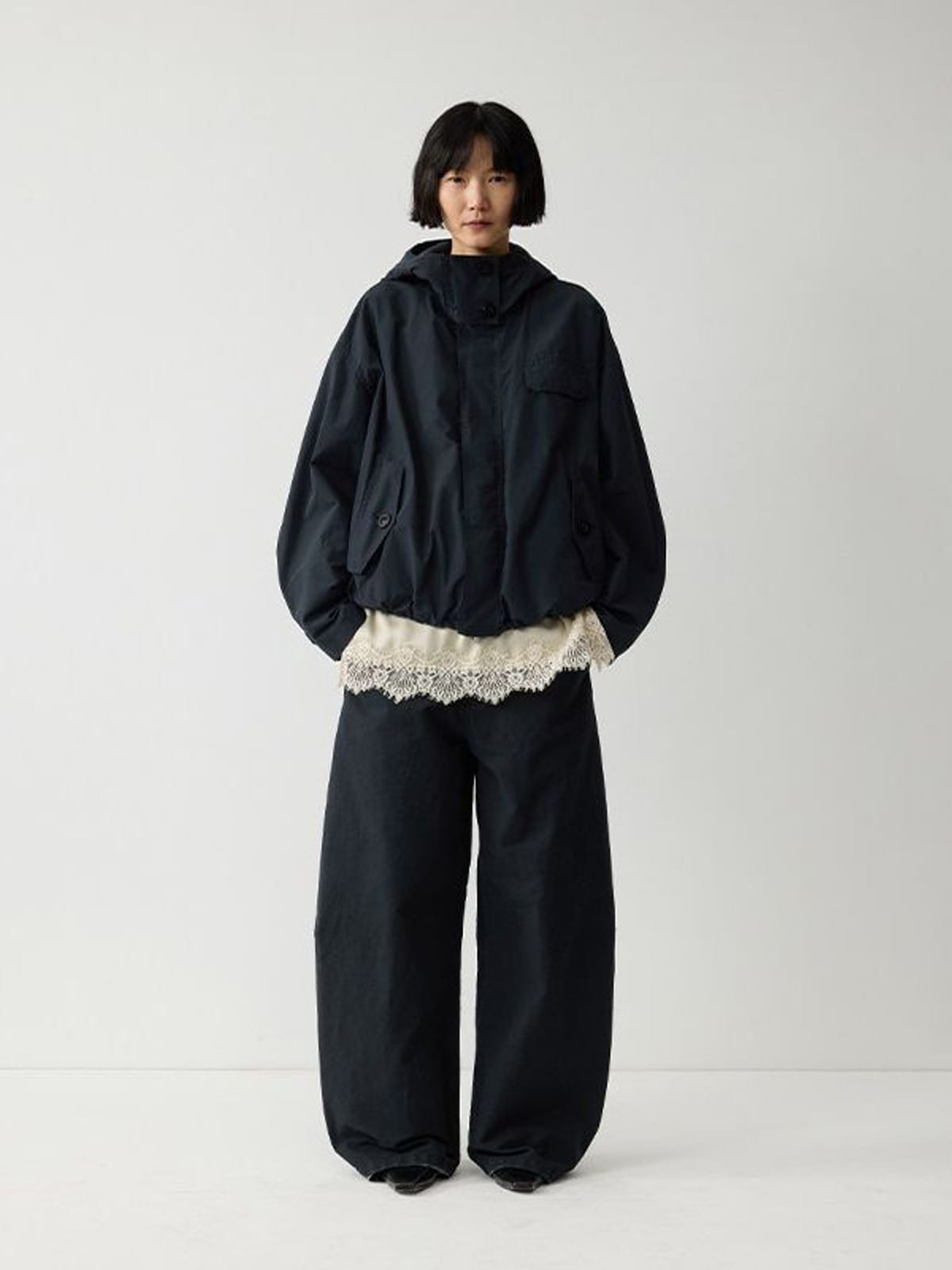 Random Piece Cotton Blend Cropped Drawstring Jacket in Navy Blue - On Female Model