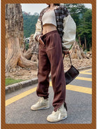 BeerBro Fleece Lined Split Hem Sweatpants in Brown - On Female Model