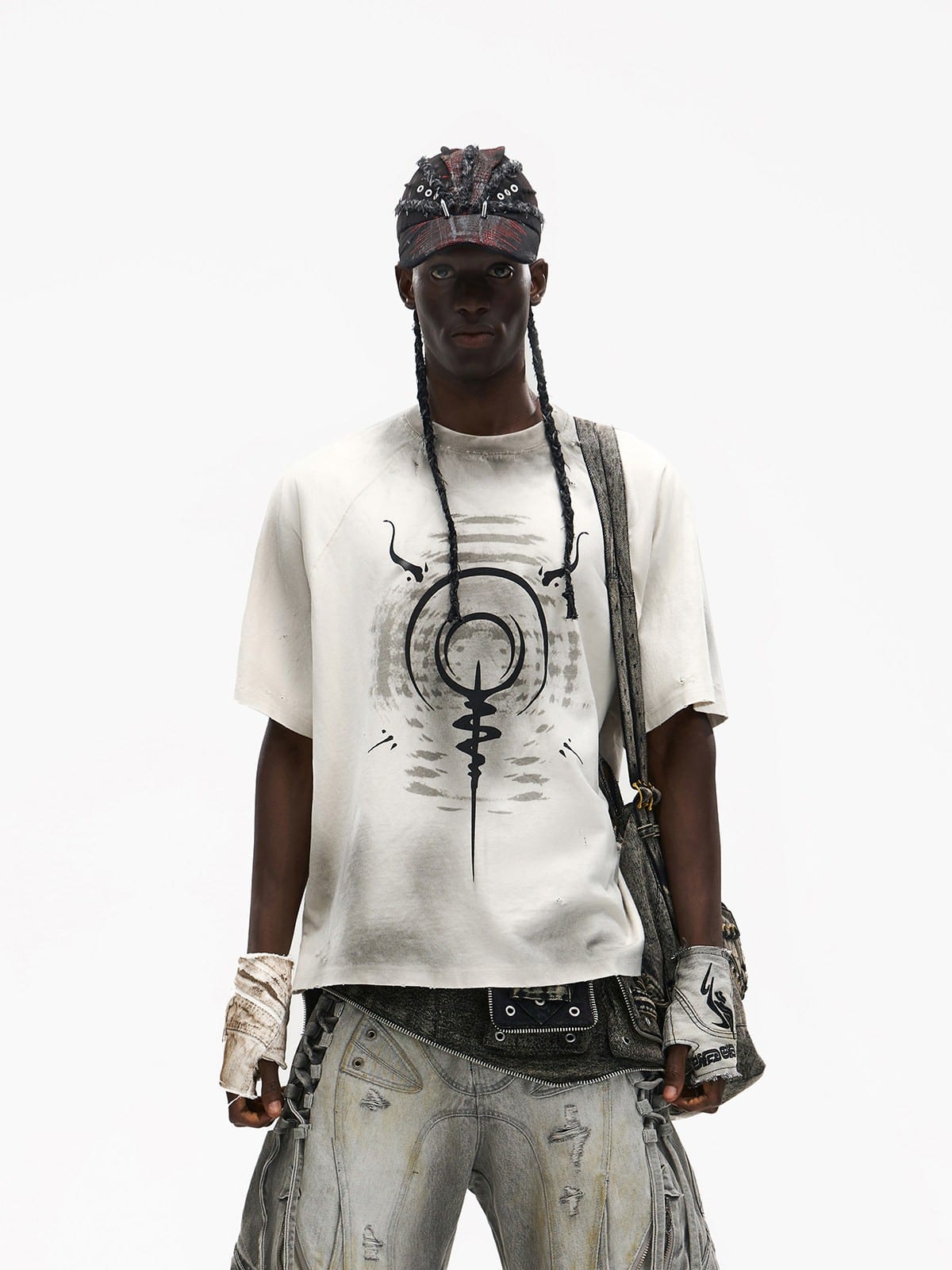 PERSONSOUL Distressed Raglan Graphic T Shirt in White - On Male Model