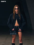 SMFK Cotton Button Up Cargo Shirt in Black - On Female Model