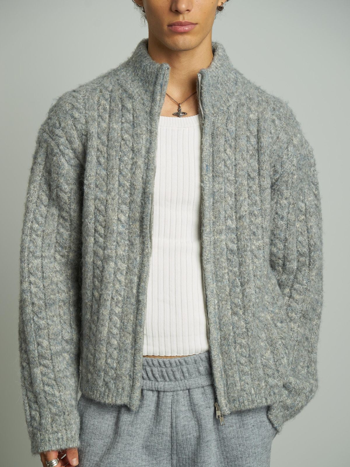RETRO21 Double Zip Cable Knit Cardigan in Gray - On Male Model