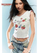 BeerBro Fruit Print Lettuce Edge Crop Top in White - On Female Model