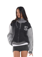 SweetChilling Colorblock Varsity Zip Up Cardigan in Gray - On Female Model