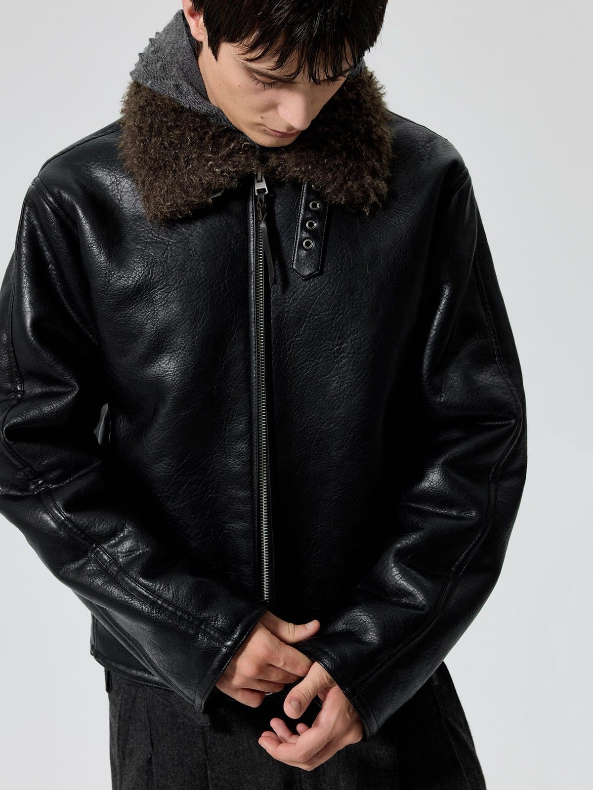 SIMPLE PROJECT Faux Leather Shearling Collar Jacket in Black - On Male Model